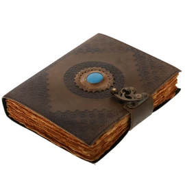 Leather Journal with Embossed Plant Ornaments and a Blue Natural Stone